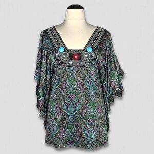 Elegant Paisley V-Neck Dress with Jewel Details